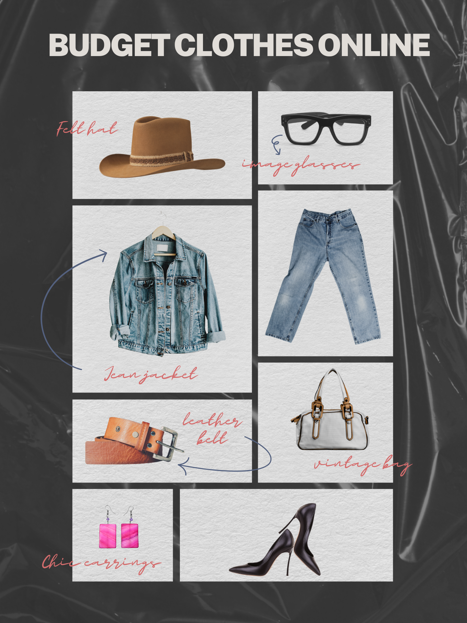 Budget clothes online collage featuring affordable fashion accessories — felt hat, denim jacket, heels, and vintage bag from Drestiny.