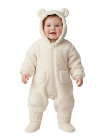 Thumbnail for Baby wearing a white fluffy onesie with bear ears on a white background