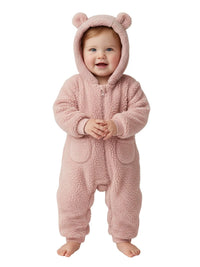 Thumbnail for Baby wearing a pink bear-themed onesie on a white background