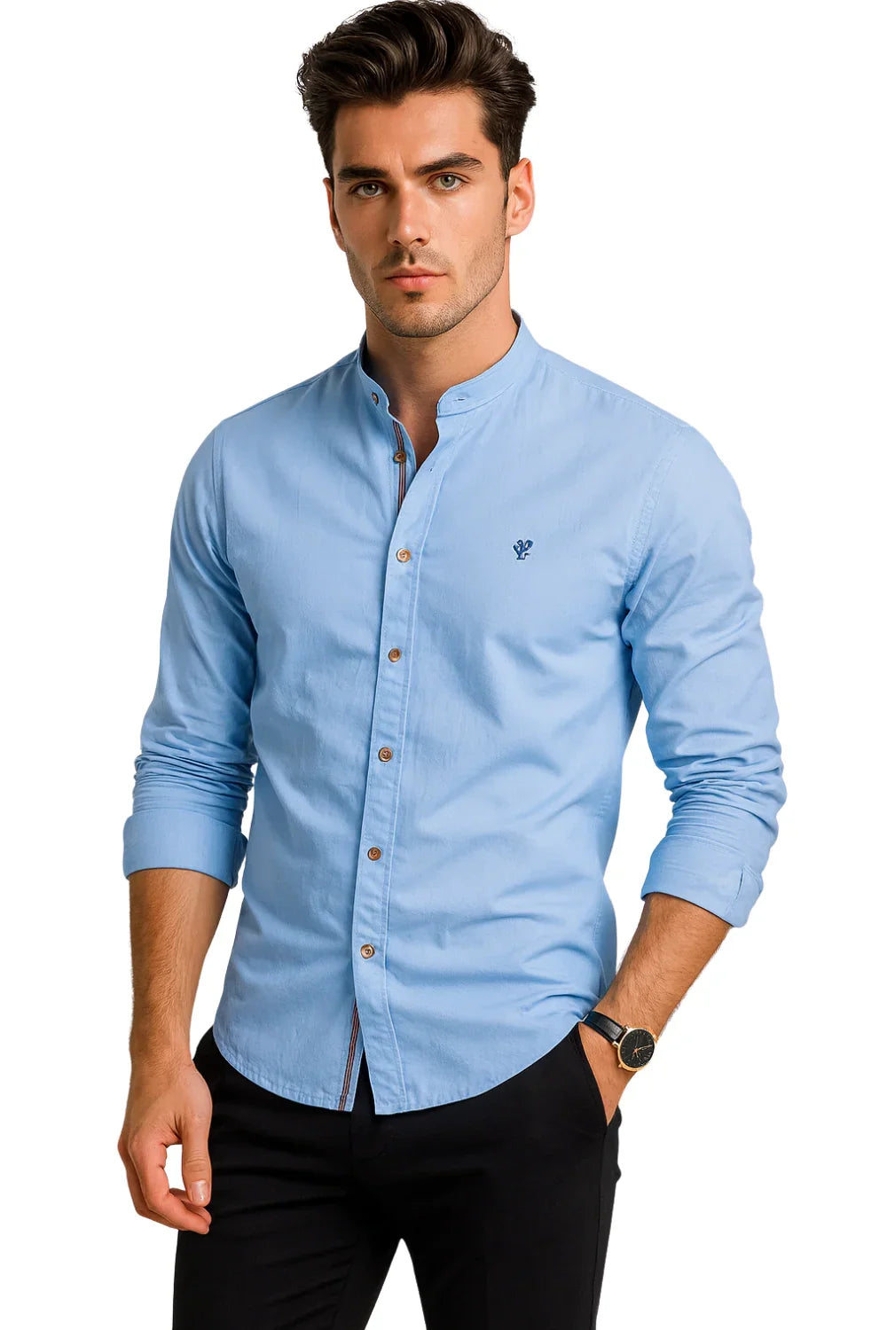 Man wearing a light blue button-up shirt on a white background