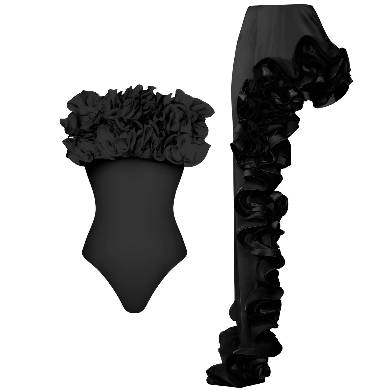 Black strapless swimsuit with ruffled top and skirt on a white background
