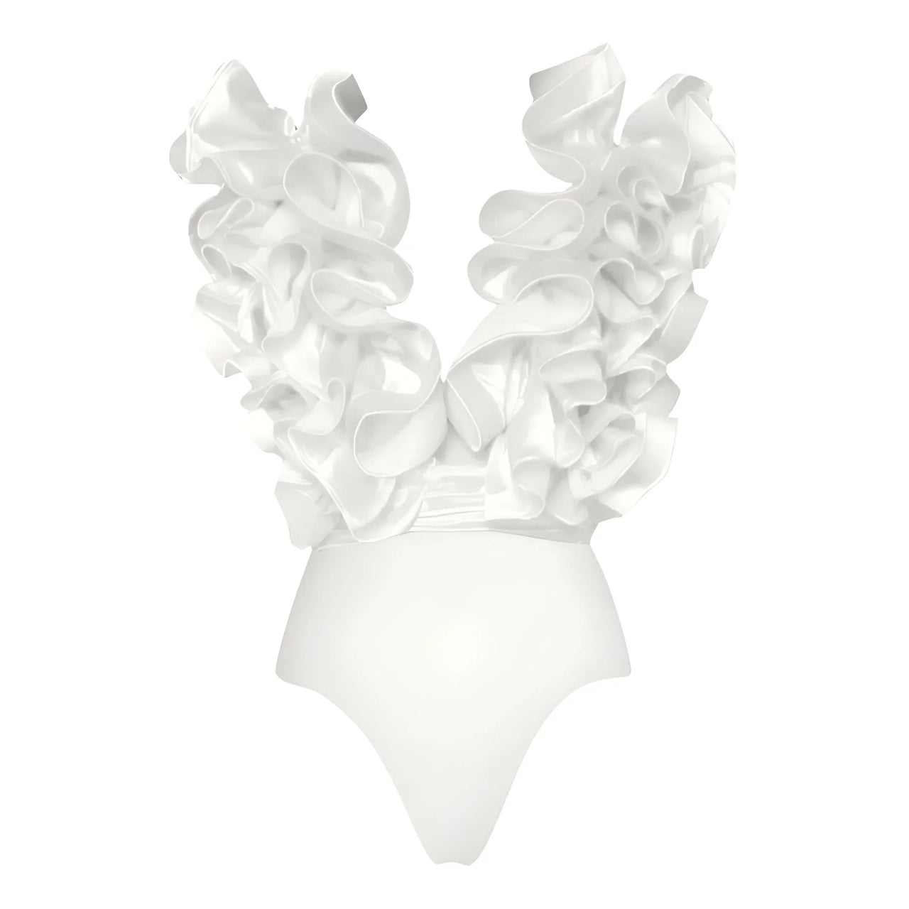 White swimsuit with ruffled details on a white background