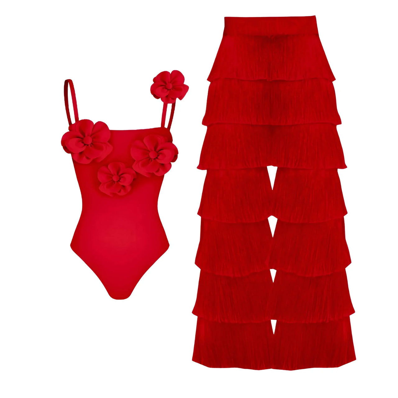 Red swimsuit with floral details and a matching red pants on a white background