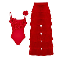 Thumbnail for Red swimsuit with floral details and a matching red pants on a white background