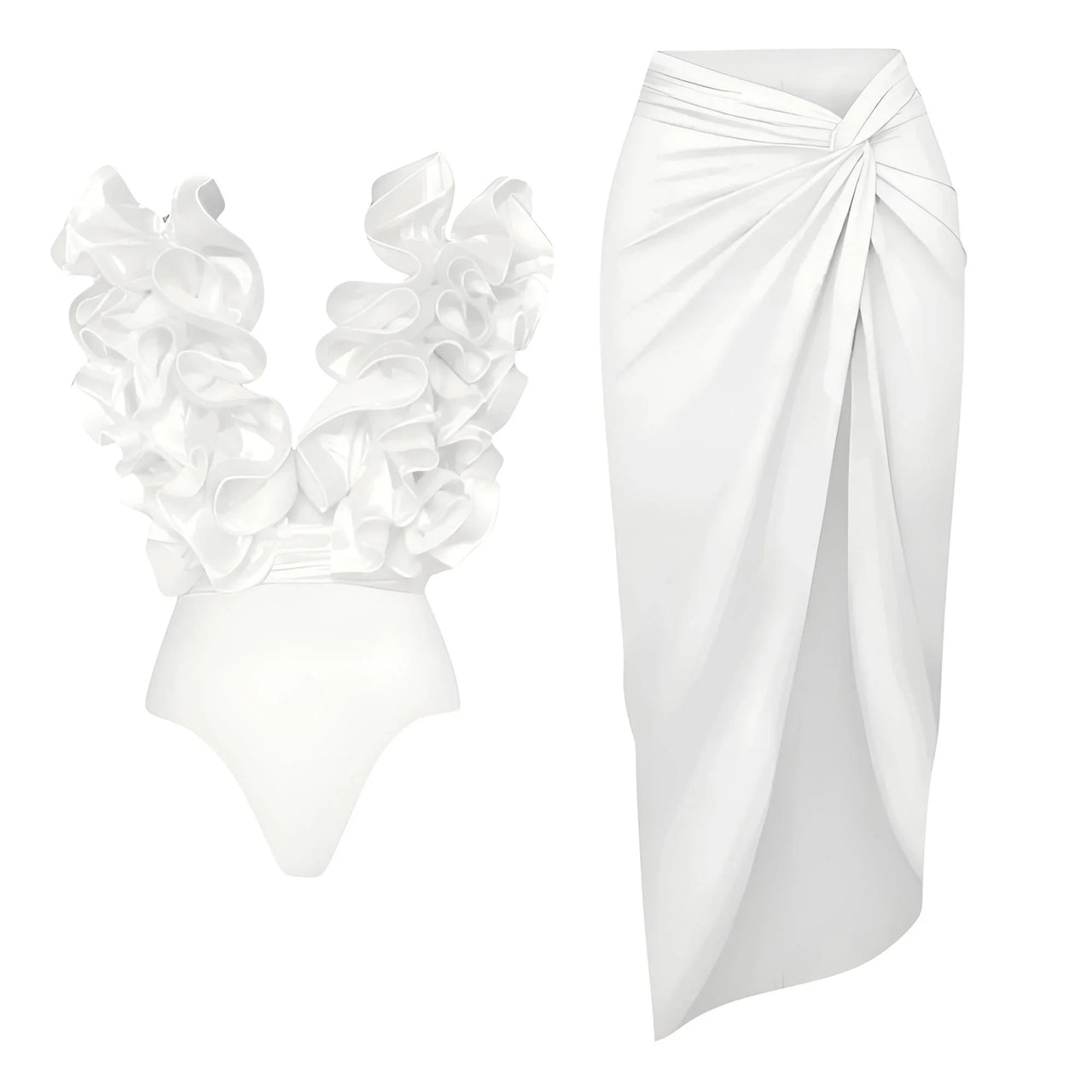 White ruffled top and skirt set on a white background