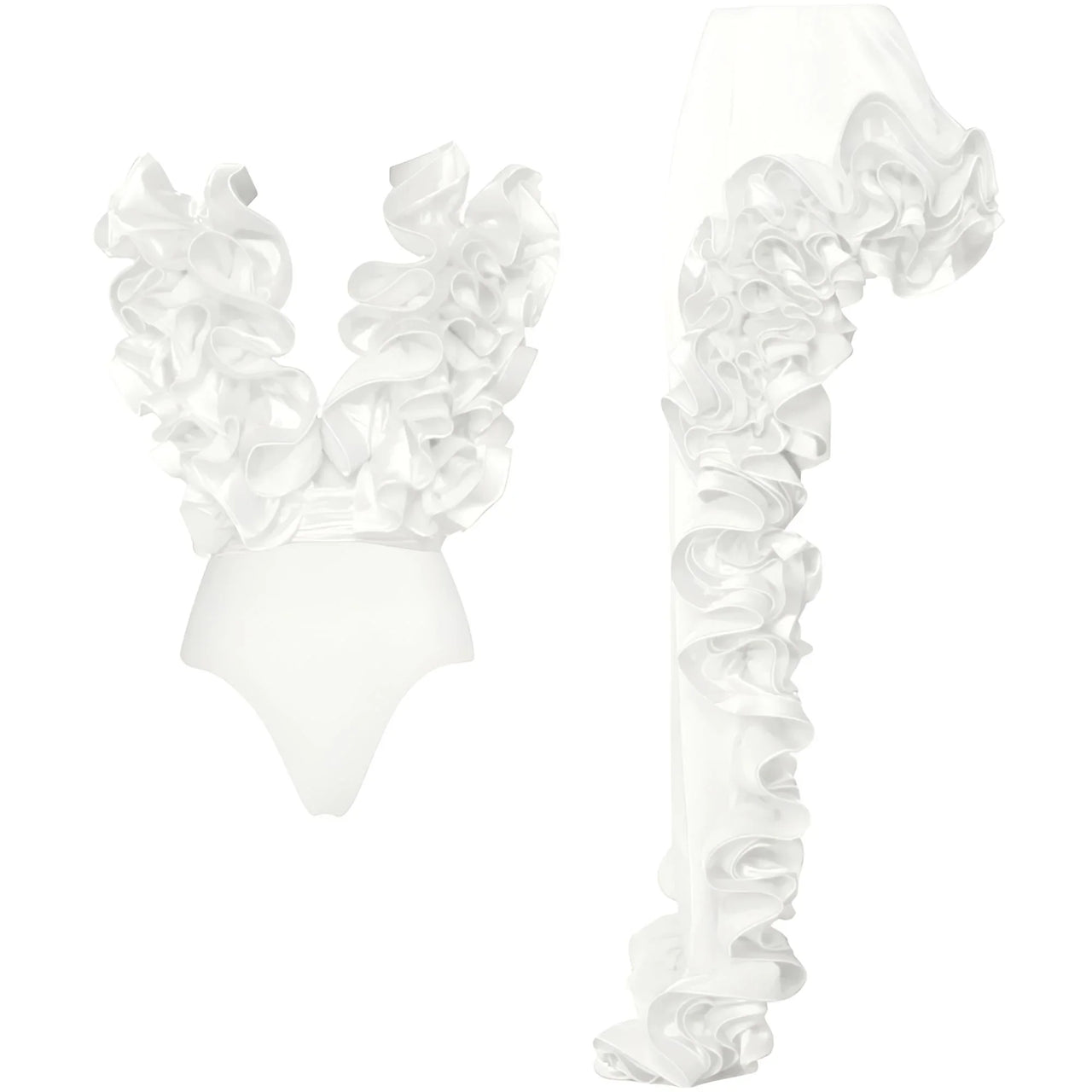 White ruffled matching swimwear set on a white background