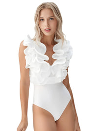 Thumbnail for Woman wearing a white ruffled swimsuit on a white background