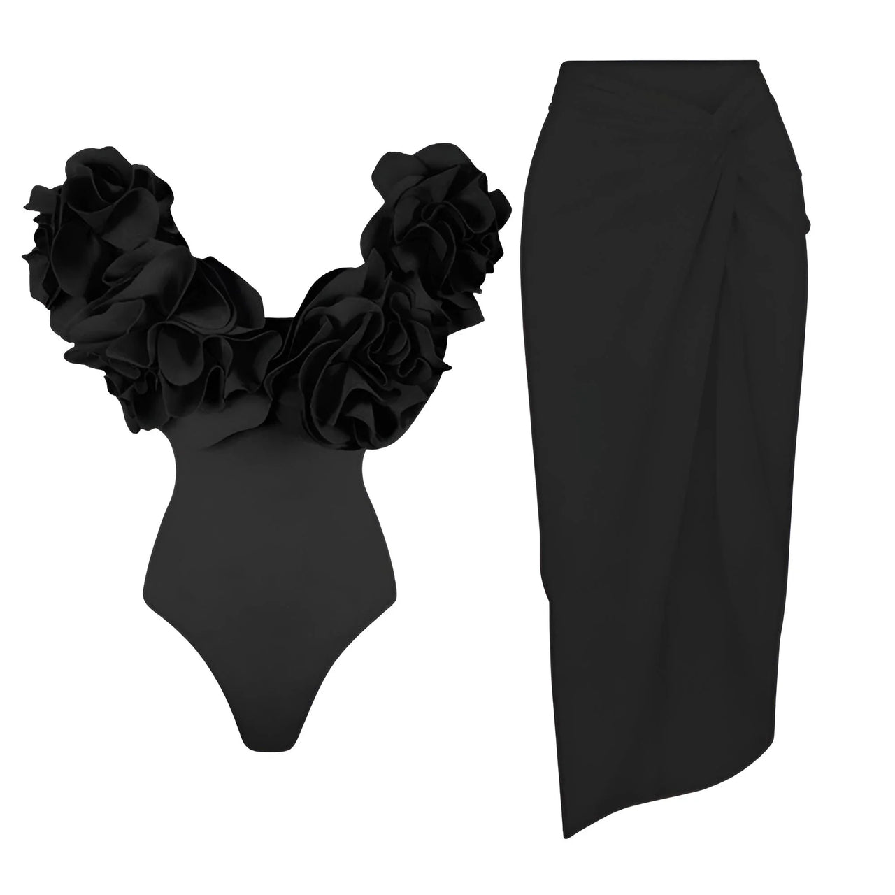 Black swimsuit with ruffled details and a black skirt on a white background