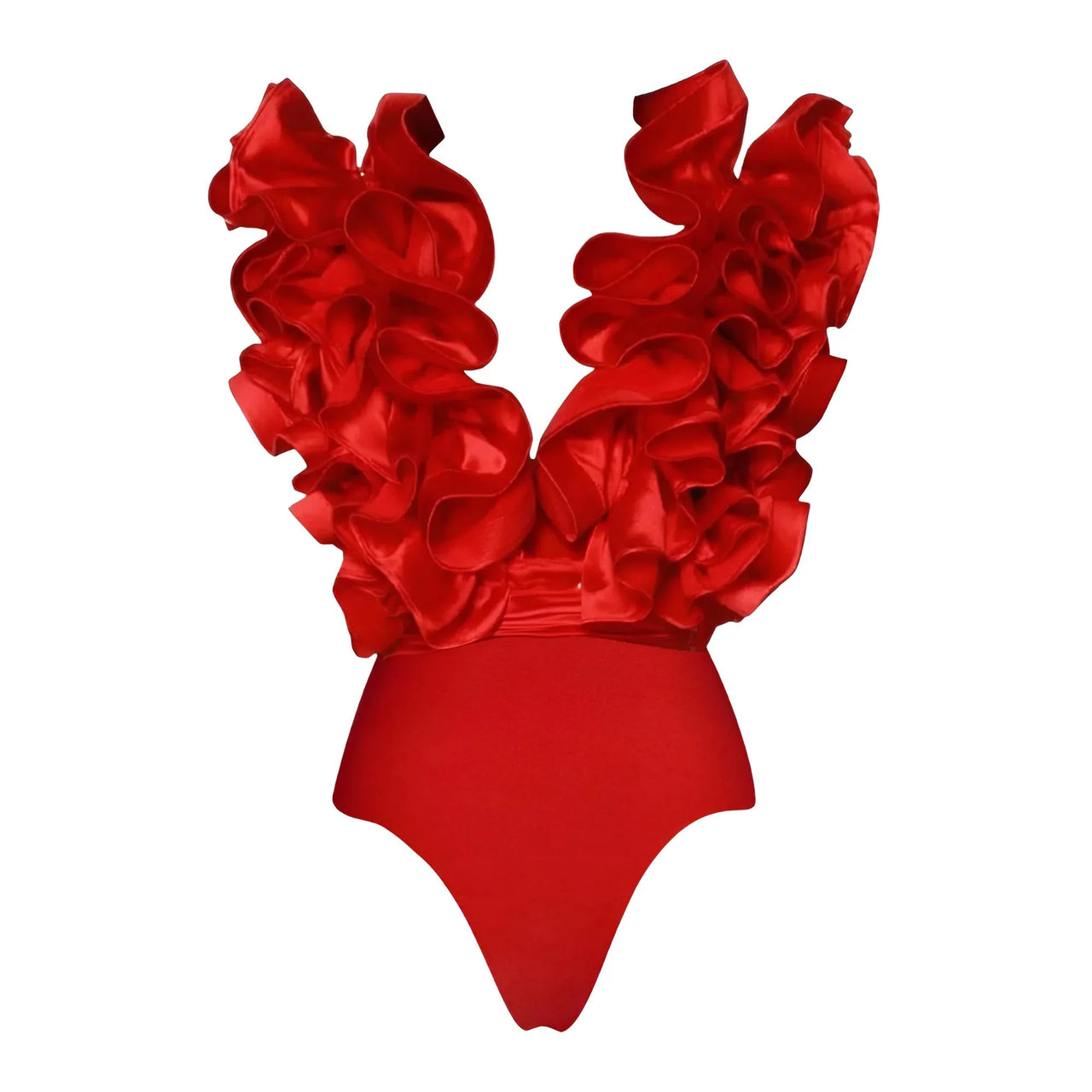 Red swimsuit with ruffled top on a white background