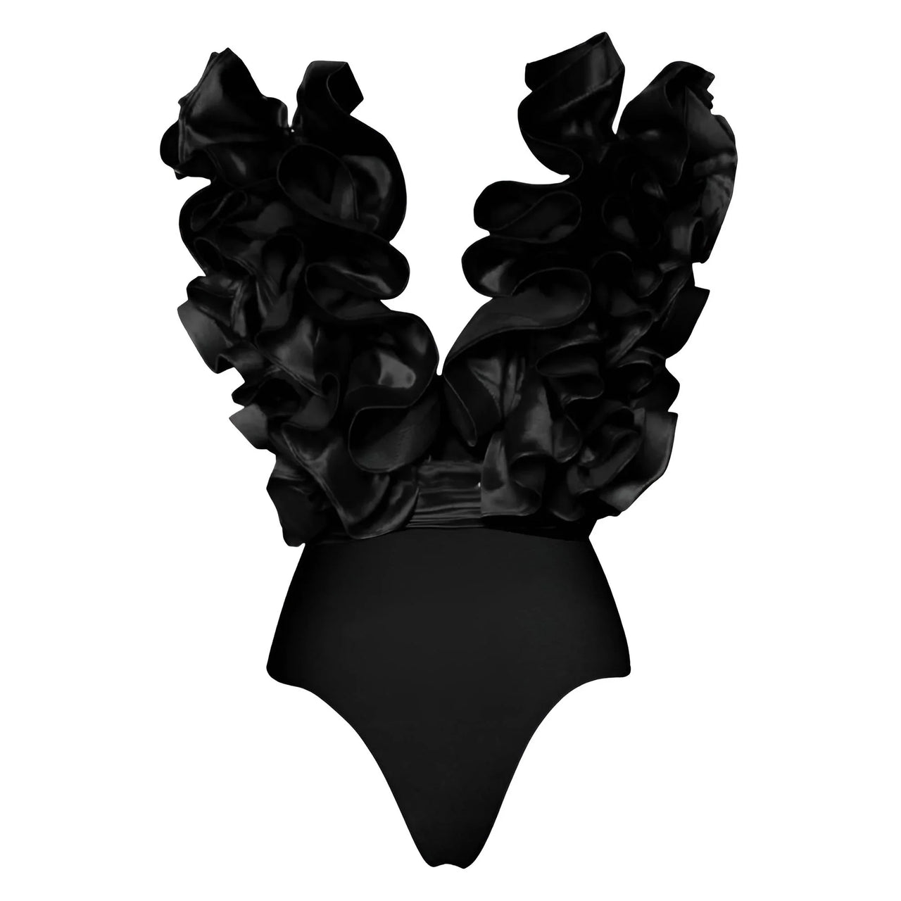 Black swimsuit with floral-like shoulder straps on a white background