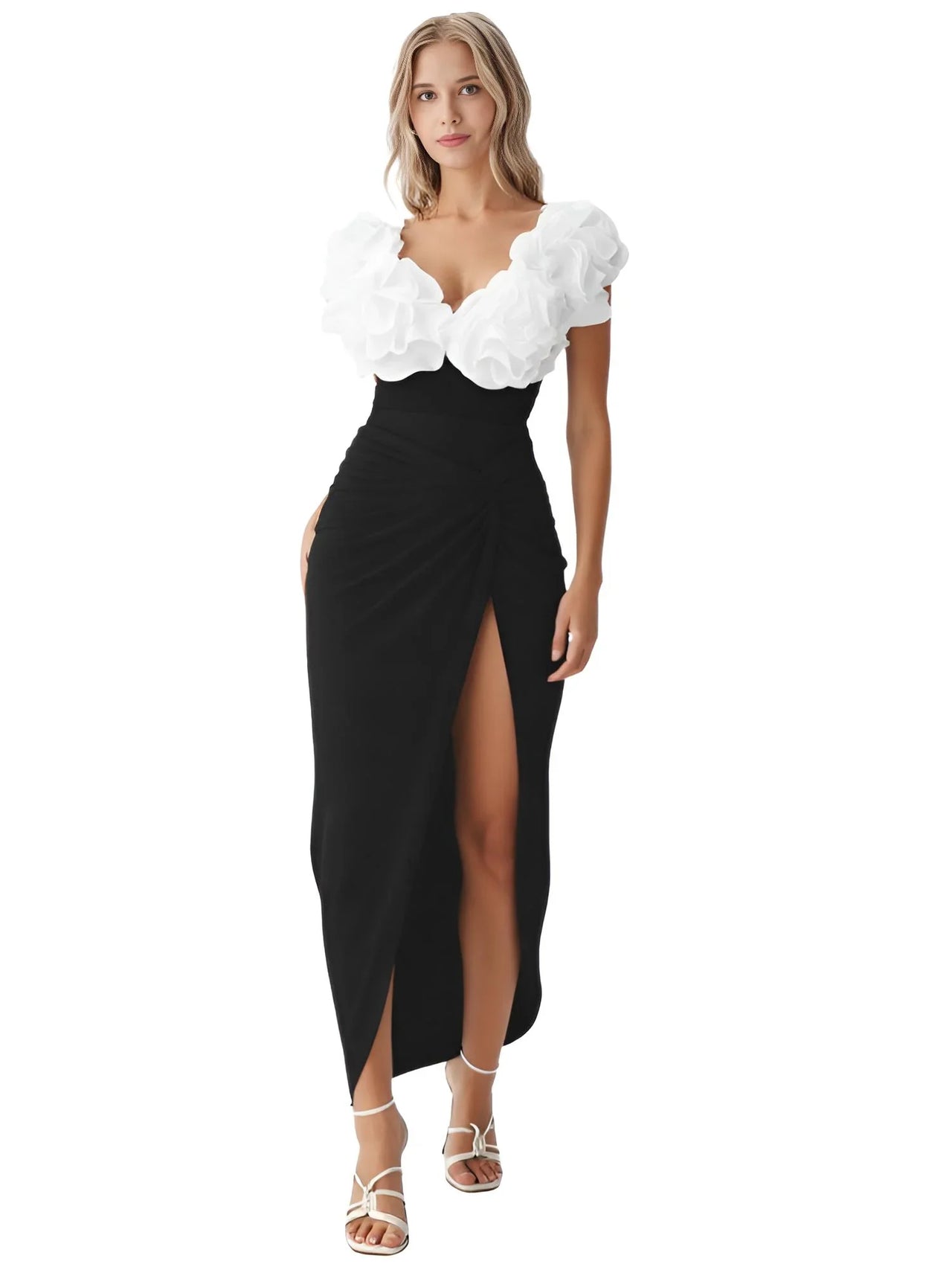 Woman wearing a black swimsuit with white ruffled top and black midi skirt on a white background