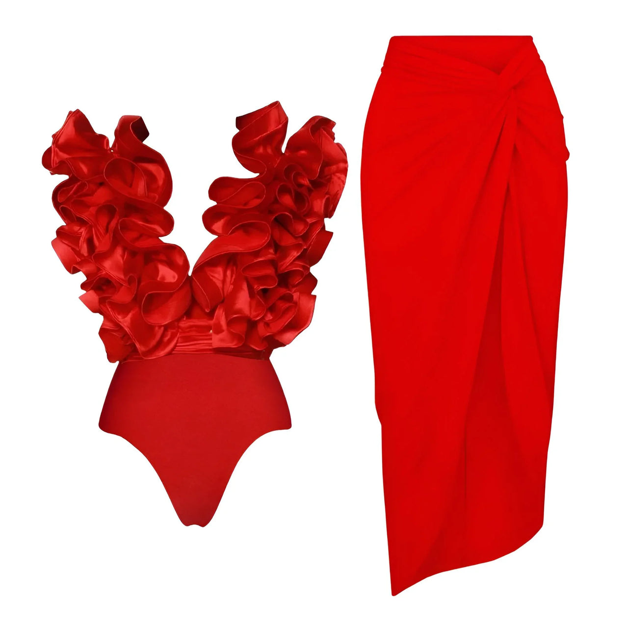 Red swimsuit with floral details and a red draped skirt on a white background