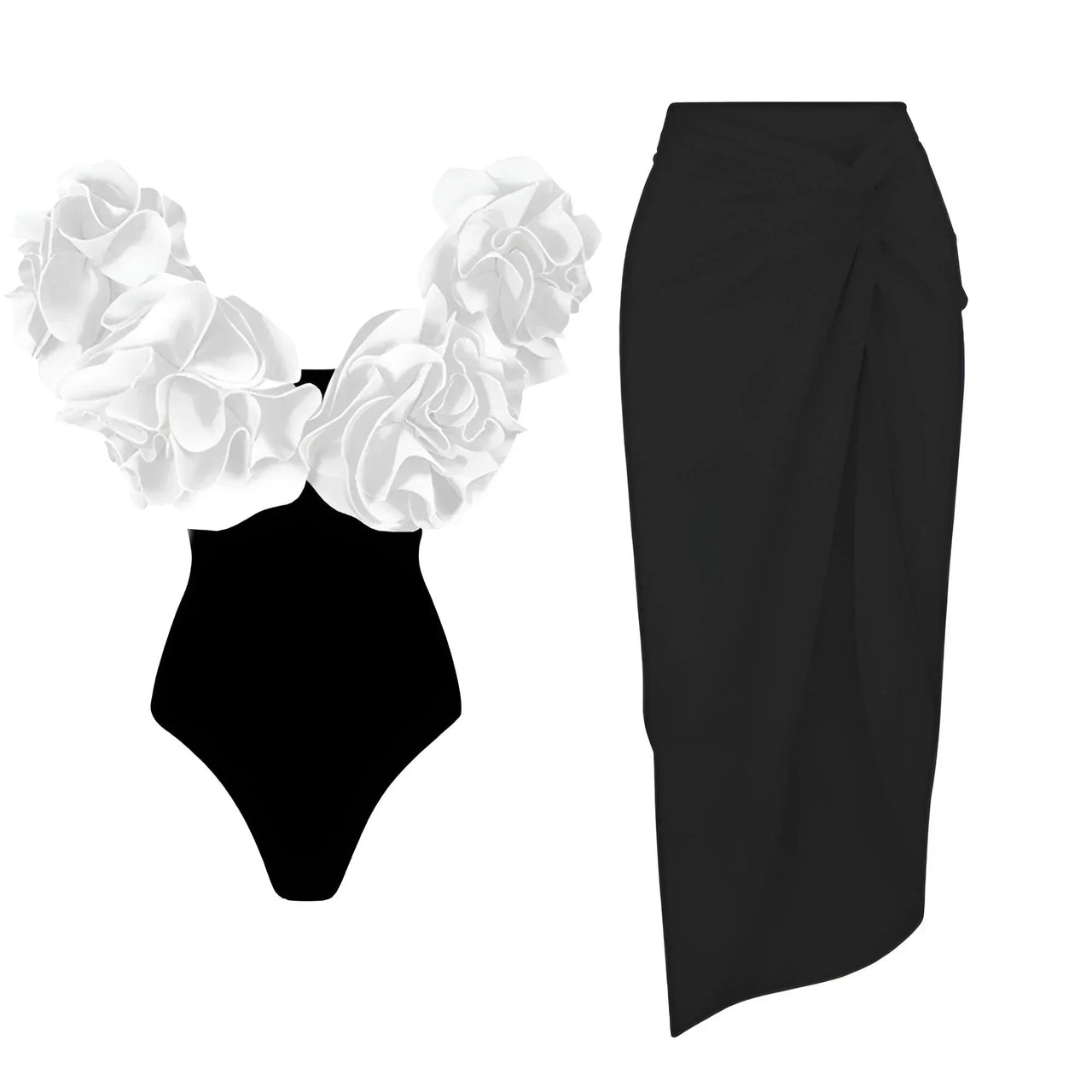 Black swimsuit with white ruffled top and black skirt on a white background