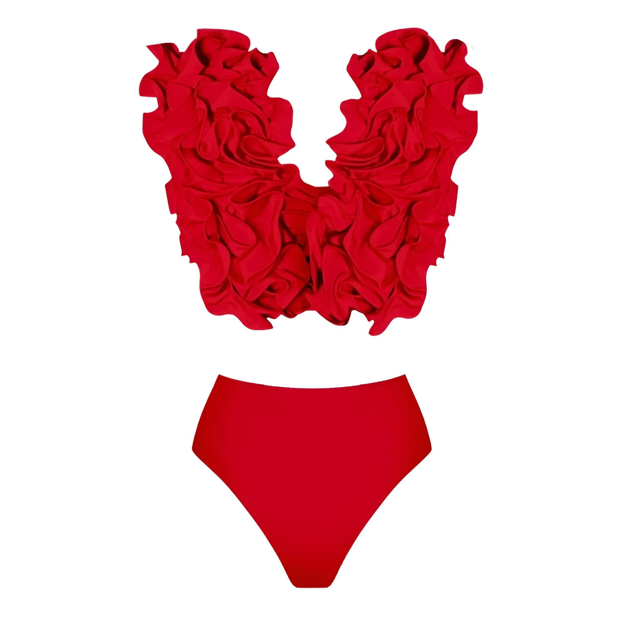 Red bikini set with floral top on a white background