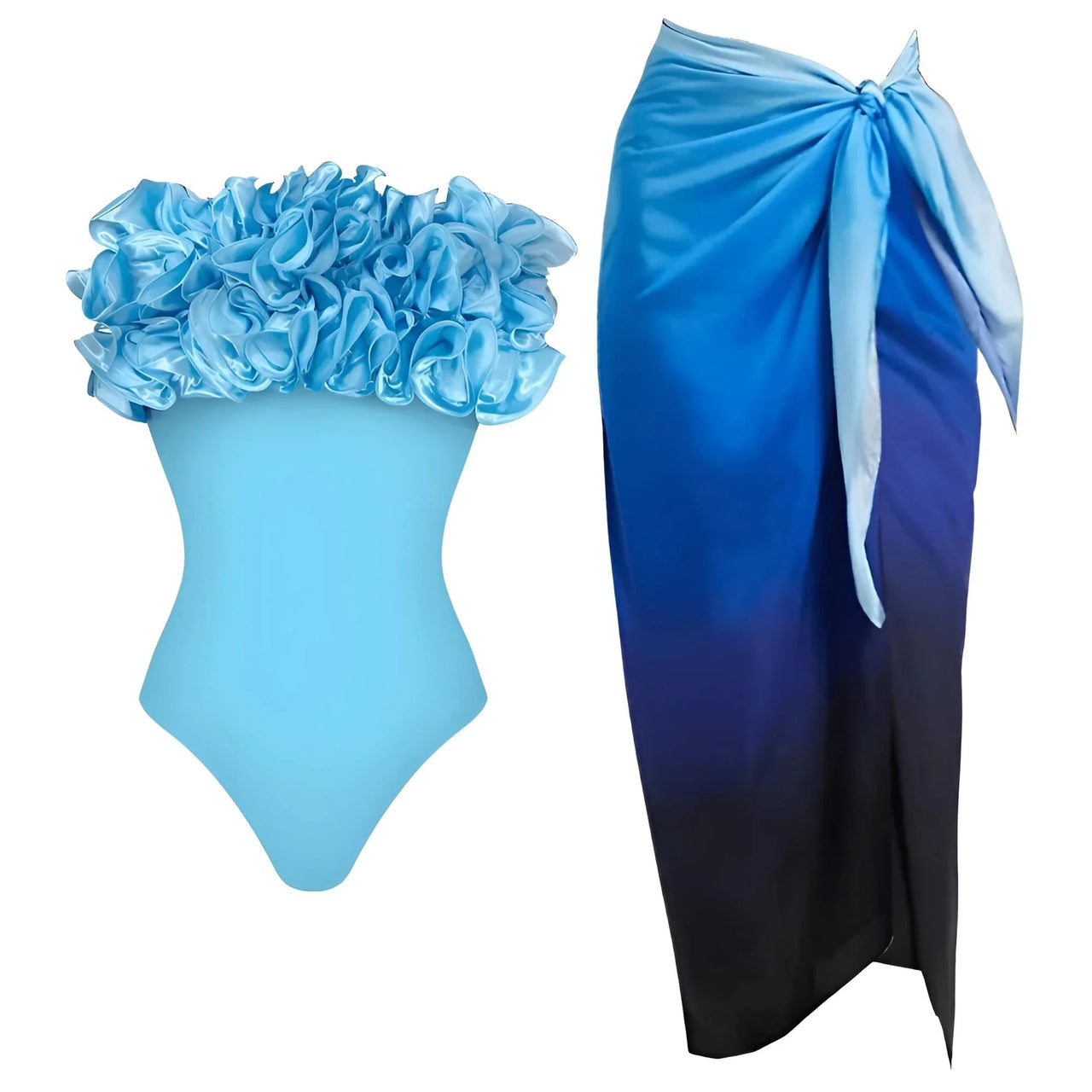 Blue swimsuit with ruffled top and matching sarong on a white background