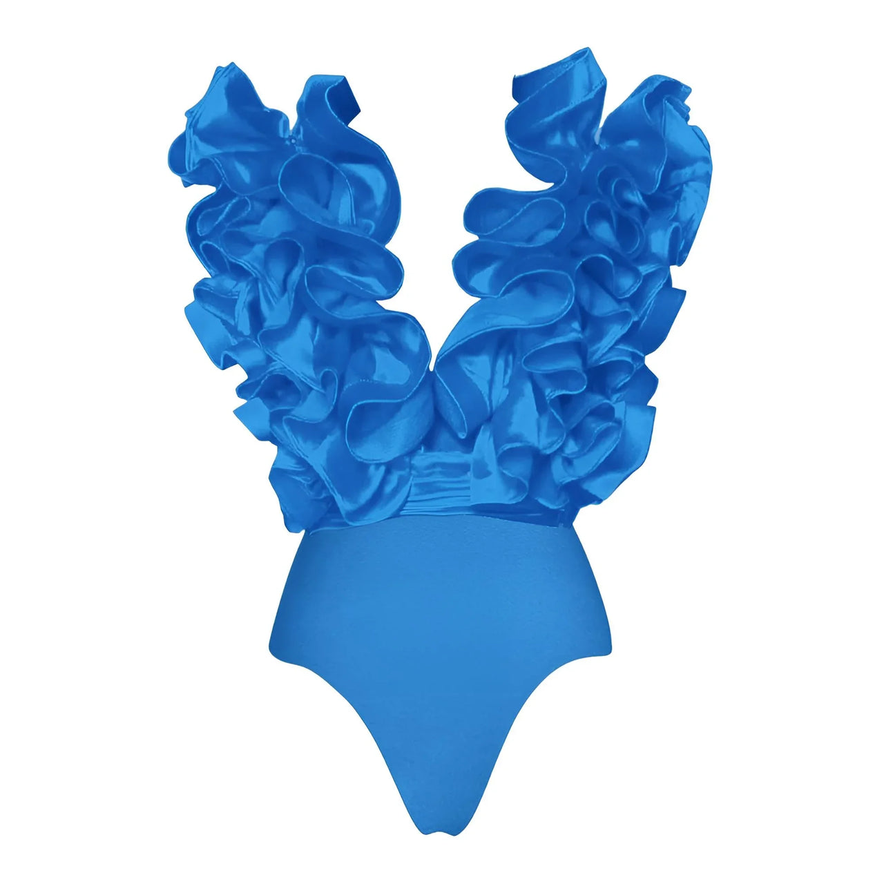 Blue swimsuit with ruffled top on a white background