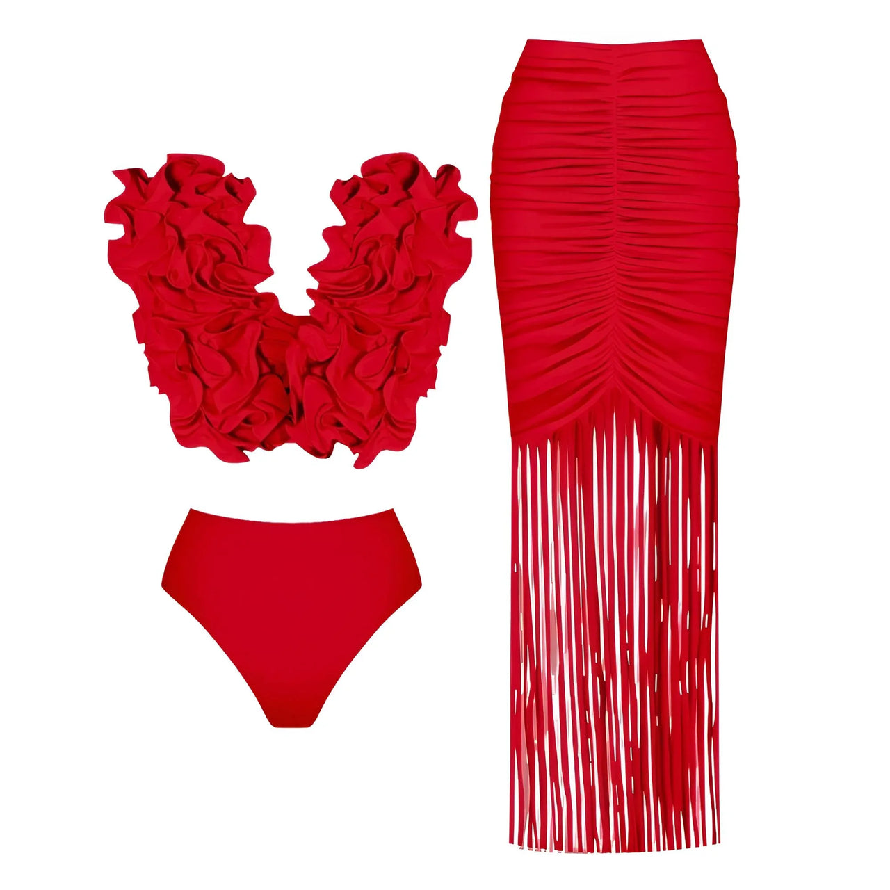 Red bikini set with ruffled top and fringed skirt on a white background
