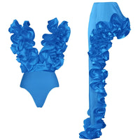 Thumbnail for Blue swimsuit with ruffled top and matching skirt on a white background