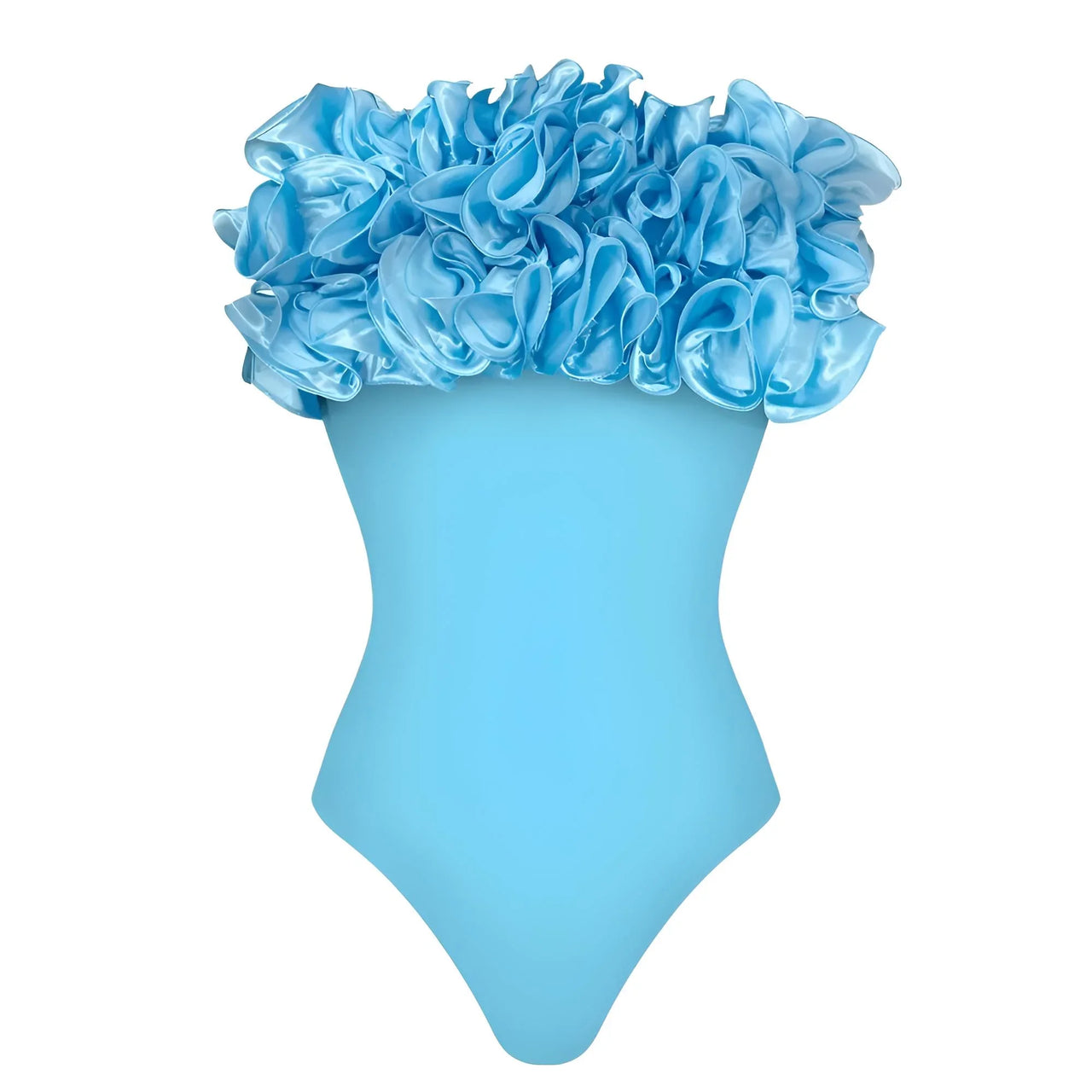 Blue swimsuit with ruffled top on a white background