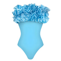 Thumbnail for Blue swimsuit with ruffled top on a white background
