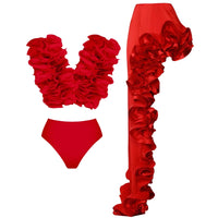 Thumbnail for Red ruffled top, high-waisted bottoms, and long ruffled skirt on a white background