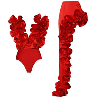 Thumbnail for Red ruffled swimsuit with matching skirt on a white background