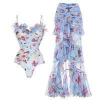 Thumbnail for Floral swimsuit and matching ruffled pants on a white background