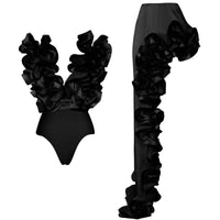Thumbnail for Black ruffled one piece swimsuit and skirt set on a white background
