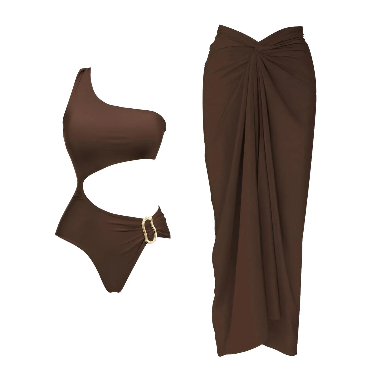 2Pcs Deep V Swimsuit Set With Long Skirt Women's Sexy Swimwear Sets Female Bikini Cut Out Biquini Beachwear, Drestiny, Sets, Skirts, Cover-Ups, One Piece Swimsuits, Bikinis, S, M, L, XL, One Shoulder, United States, Canada, USA, Australia, New Zealand, United Kingdom, UK, two piece sets, bikini cover ups, beach cover up sarong, bikini cover ups, bikini cover up skirts, sarong wrap cover up,  Dark Brown, White, Light Blue, Brown, Beige, Black, kaftan cover up uk, shopdrestiny.com