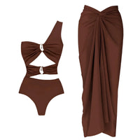 Thumbnail for 2Pcs Deep V Swimsuit Set With Long Skirt Women's Sexy Swimwear Sets Female Bikini Cut Out Biquini Beachwear, Drestiny, Sets, Skirts, Cover-Ups, One Piece Swimsuits, Bikinis, S, M, L, XL, One Shoulder, United States, Canada, USA, Australia, New Zealand, United Kingdom, UK, two piece sets, bikini cover ups, beach cover up sarong, bikini cover ups, bikini cover up skirts, sarong wrap cover up,  Dark Brown, White, Light Blue, Brown, Beige, Black, kaftan cover up uk, shopdrestiny.com