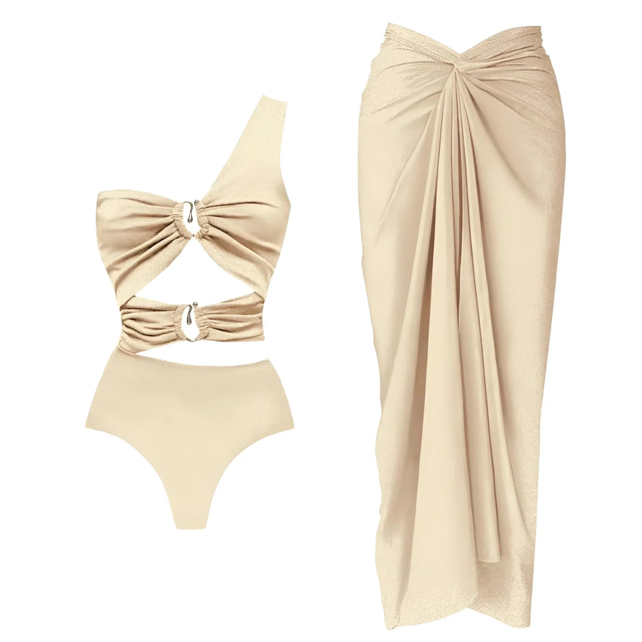 2Pcs Deep V Swimsuit Set With Long Skirt Women's Sexy Swimwear Sets Female Bikini Cut Out Biquini Beachwear, Drestiny, Sets, Skirts, Cover-Ups, One Piece Swimsuits, Bikinis, S, M, L, XL, One Shoulder, United States, Canada, USA, Australia, New Zealand, United Kingdom, UK, two piece sets, bikini cover ups, beach cover up sarong, bikini cover ups, bikini cover up skirts, sarong wrap cover up,  Dark Brown, White, Light Blue, Brown, Beige, Black, kaftan cover up uk, shopdrestiny.com