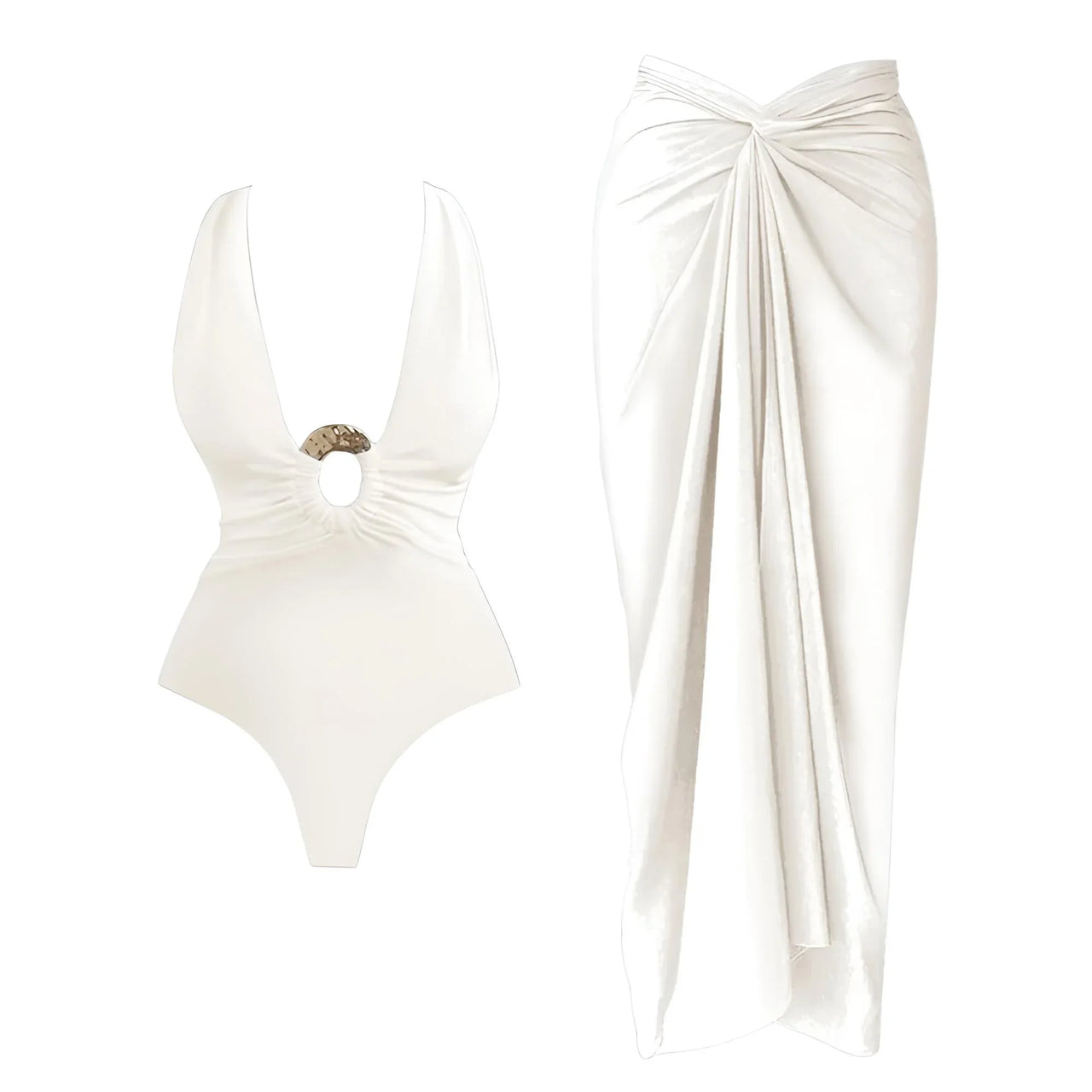 2Pcs Deep V Swimsuit Set With Long Skirt Women's Sexy Swimwear Sets Female Bikini Cut Out Biquini Beachwear, Drestiny, Sets, Skirts, Cover-Ups, One Piece Swimsuits, Bikinis, S, M, L, XL, One Shoulder, United States, Canada, USA, Australia, New Zealand, United Kingdom, UK, two piece sets, bikini cover ups, beach cover up sarong, bikini cover ups, bikini cover up skirts, sarong wrap cover up,  Dark Brown, White, Light Blue, Brown, Beige, Black, kaftan cover up uk, shopdrestiny.com