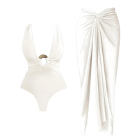 Thumbnail for 2Pcs Deep V Swimsuit Set With Long Skirt Women's Sexy Swimwear Sets Female Bikini Cut Out Biquini Beachwear, Drestiny, Sets, Skirts, Cover-Ups, One Piece Swimsuits, Bikinis, S, M, L, XL, One Shoulder, United States, Canada, USA, Australia, New Zealand, United Kingdom, UK, two piece sets, bikini cover ups, beach cover up sarong, bikini cover ups, bikini cover up skirts, sarong wrap cover up,  Dark Brown, White, Light Blue, Brown, Beige, Black, kaftan cover up uk, shopdrestiny.com