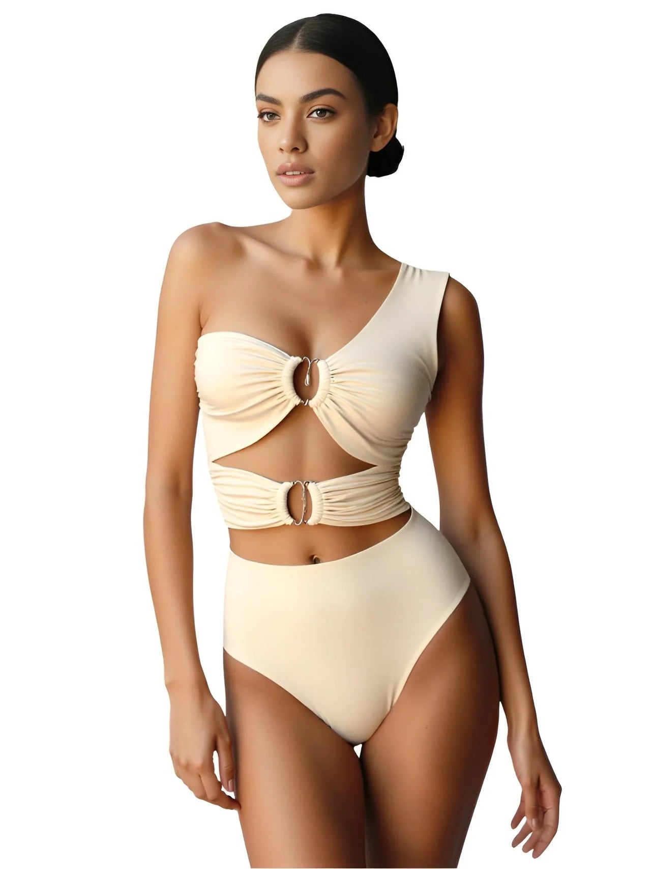 Woman wearing a beige swimsuit with a white background