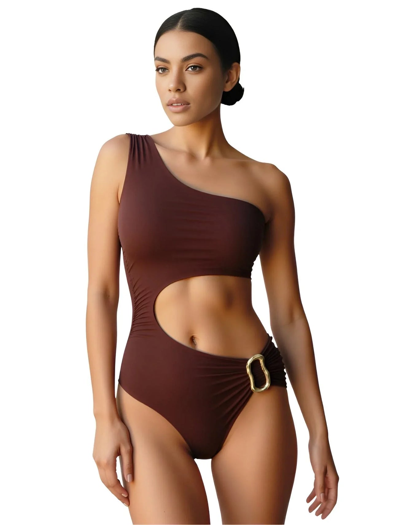 Woman wearing a brown one-shoulder swimsuit with cutout design on a white background