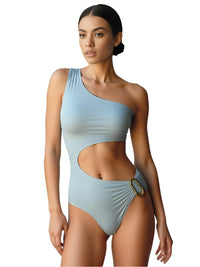 Thumbnail for Woman wearing a light blue one-shoulder swimsuit with cutout design on a white background