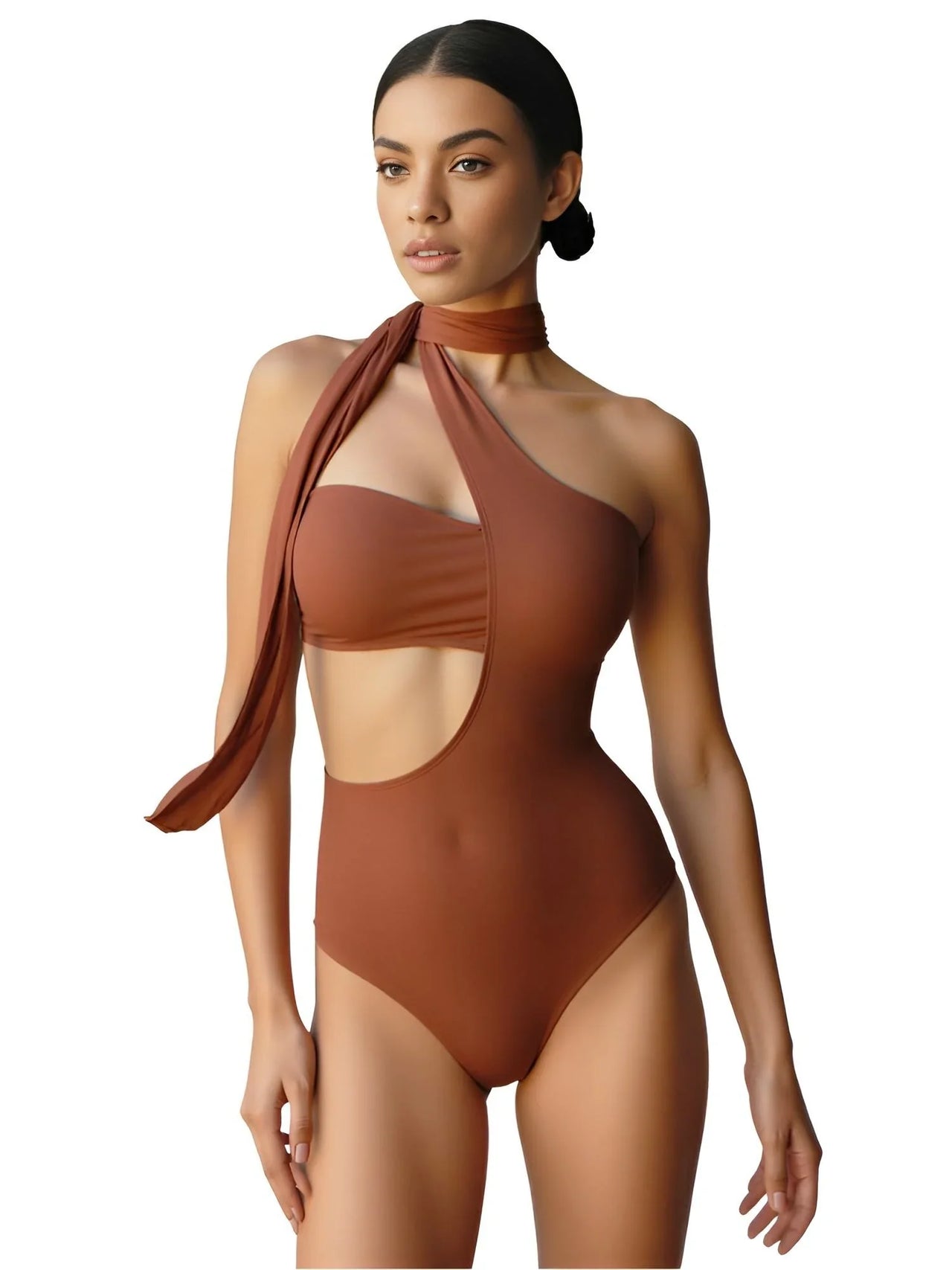 Woman wearing a brown swimsuit with a halter neck design on a white background