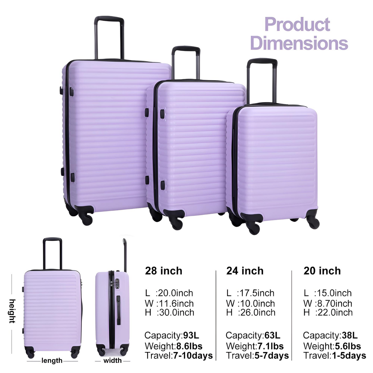 3 Piece Luggage Set Hard Shell Luggage Set with Spinner Wheel Carry On Luggage With TSA Lock Travel Suitcase set, Drestiny, 20" 24", 28", United States, Luggage, Sets, Suitcases, cheap hard shell luggage, best cheap hard shell luggage, budget hard shell luggage, hard shell luggage on sale, hard shell luggage under $100, Purple, Orange, Dark Purple, Black, Green, Blue, Pink, Light Blue, Gold, shopdrestiny.com