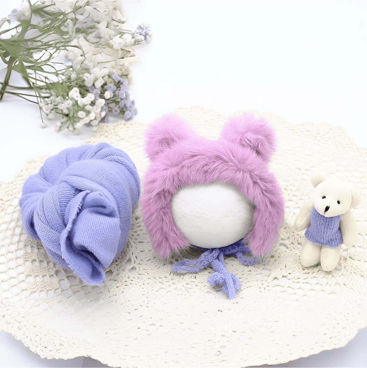 3pcs/Set Newborn Photography Wraps + Faux Fur Hat + Bear Doll -, Baby & Toddler Outfits , Drestiny , Australia, Blue, Boys, Brown, Canada, Girls, Green, Hats, Khaki, Lavender, New Zealand, Pink, Purple, Sets, United Kingdom, United States, White, Wraps, Yellow , Drestiny , www.shopdrestiny.com