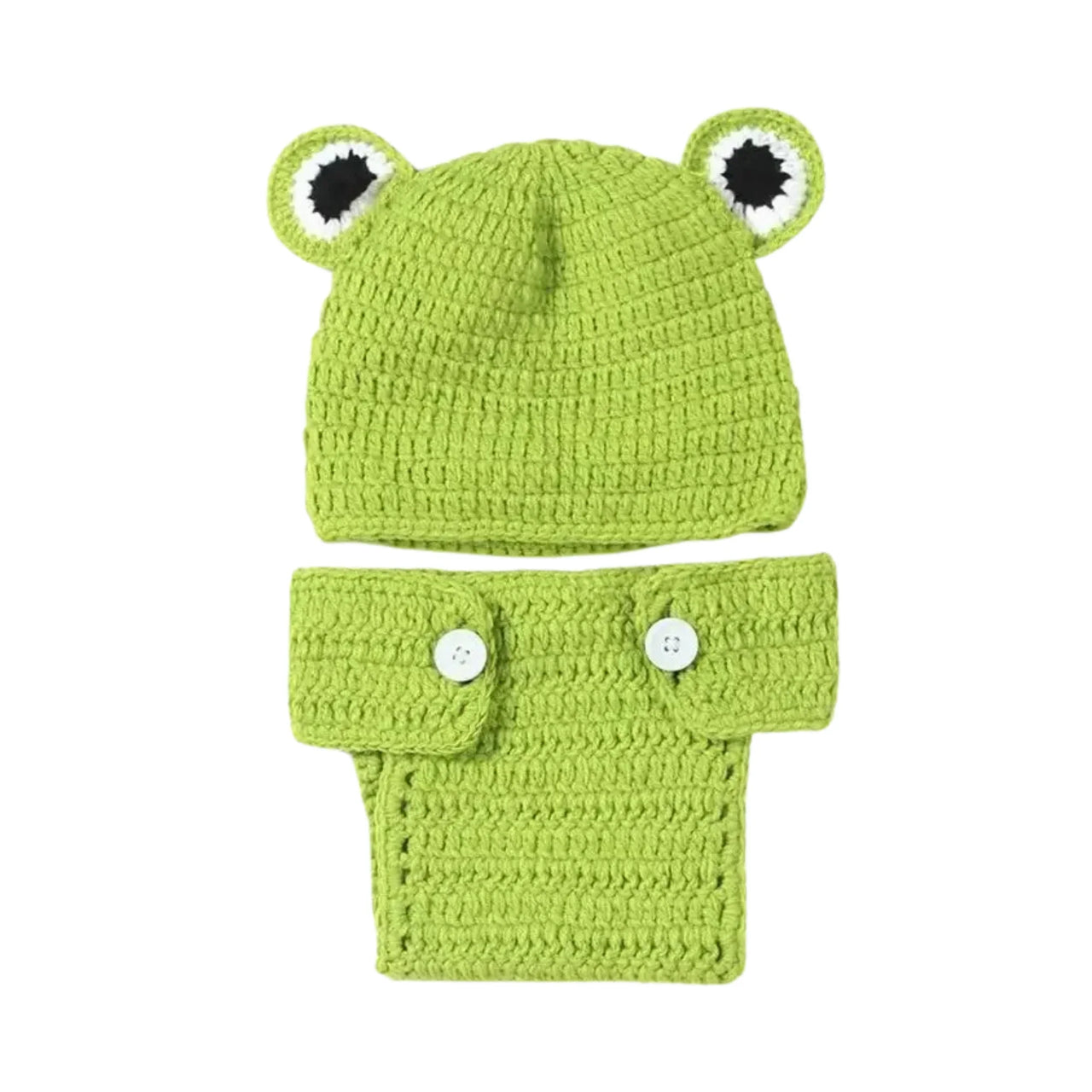 Green frog-themed baby hat and diaper set on a white background