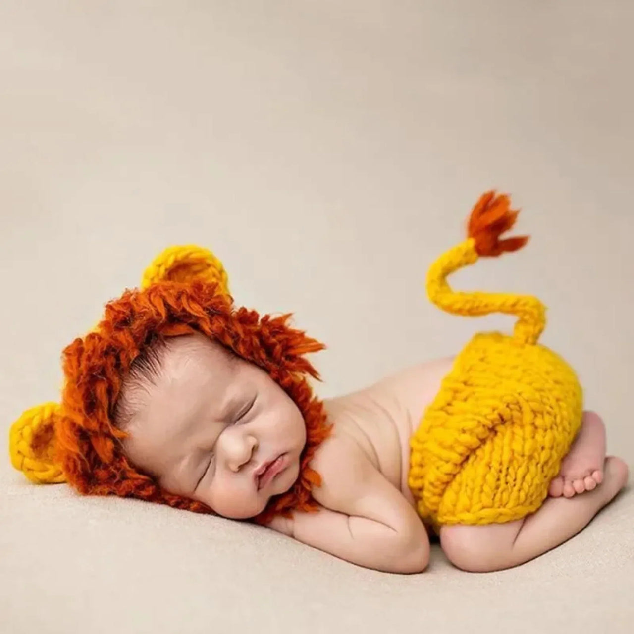Newborn baby wearing a lion costume with a red mane and yellow body on a beige background