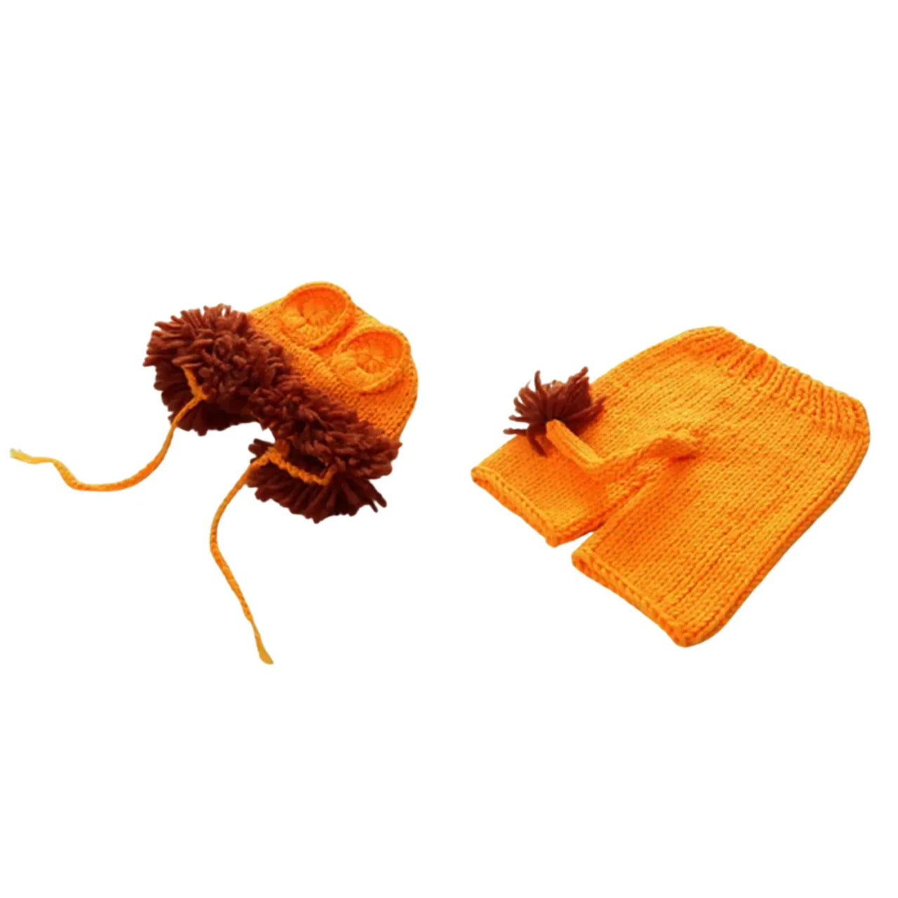 Orange knitted hat with brown pom-pom on a white background