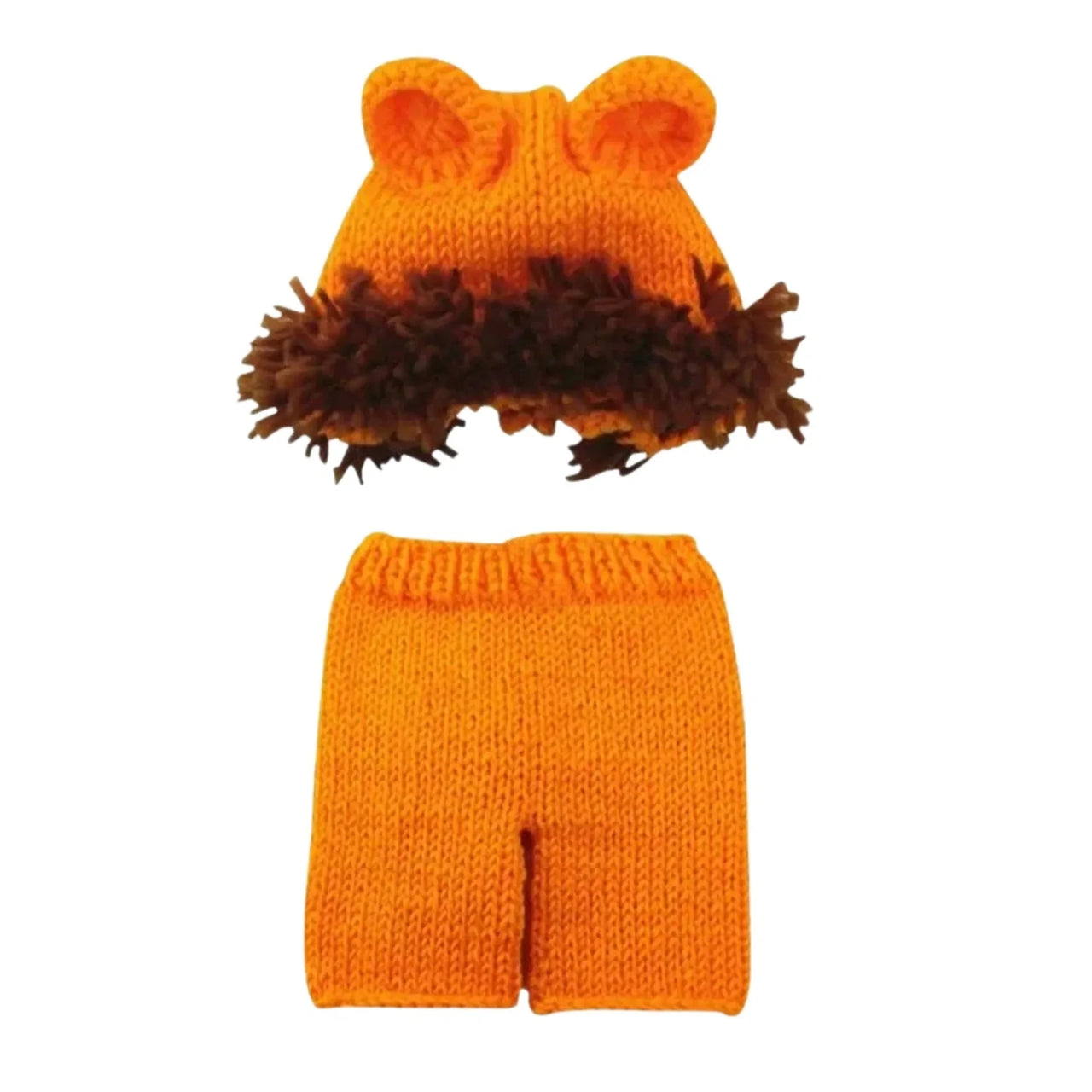 Knitted outfit with orange hat and shorts on a white background