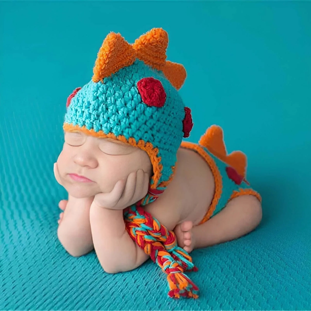 Newborn baby wearing a colorful dragon costume on a blue background