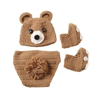 Thumbnail for Crocheted brown bear hat, diaper cover, and mittens set on a white background
