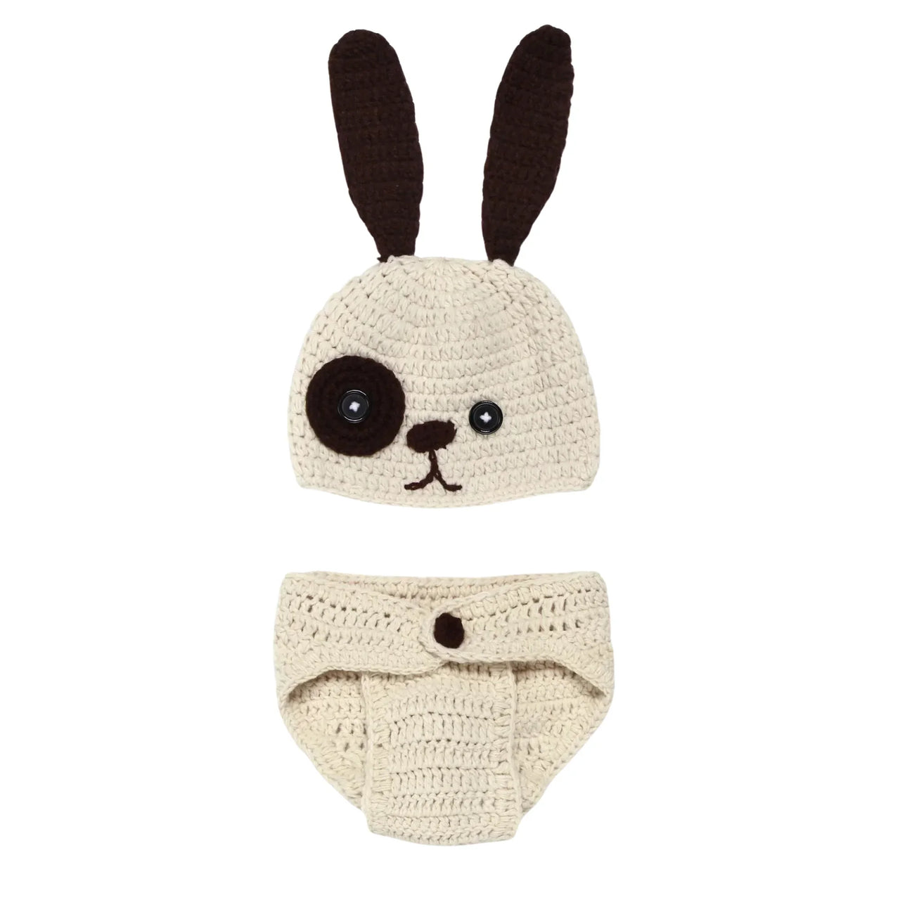 Crocheted baby hat and diaper set with bunny design on a white background