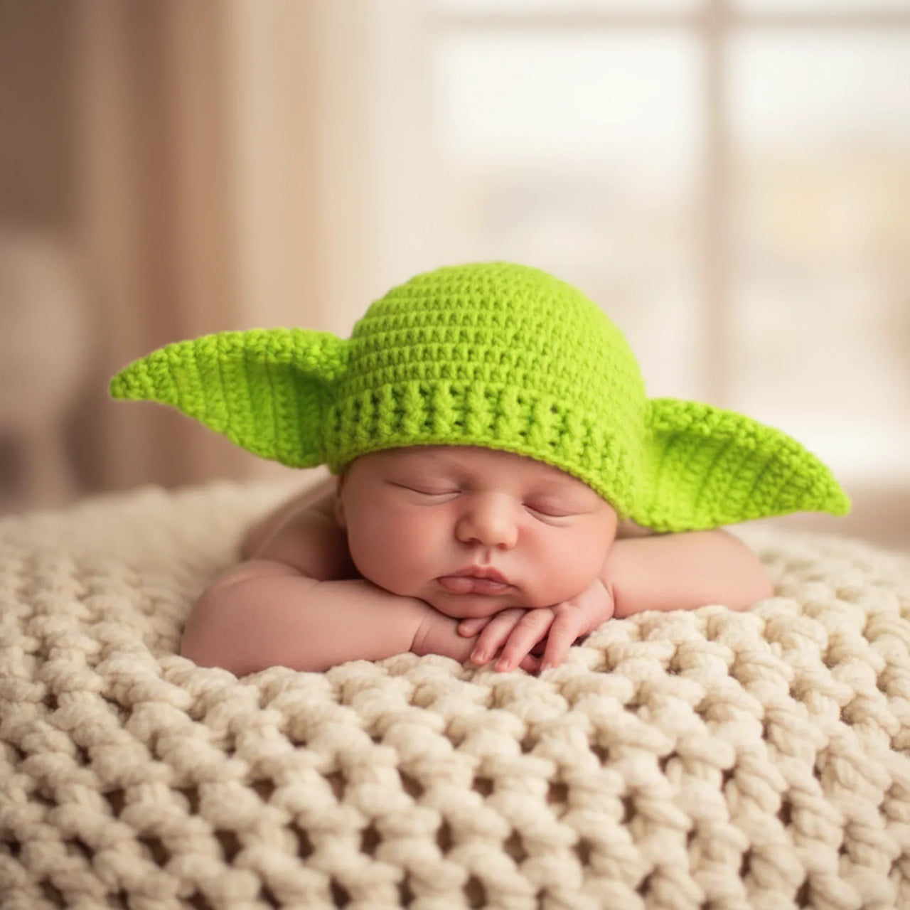 Newborn baby wearing a green crochet Yoda hat on a beige blanket.
