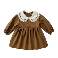 Thumbnail for Brown dress with floral and lace collar on a white background
