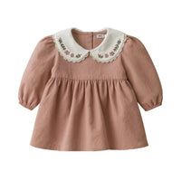 Thumbnail for Pink dress with embroidered white collar on a white background