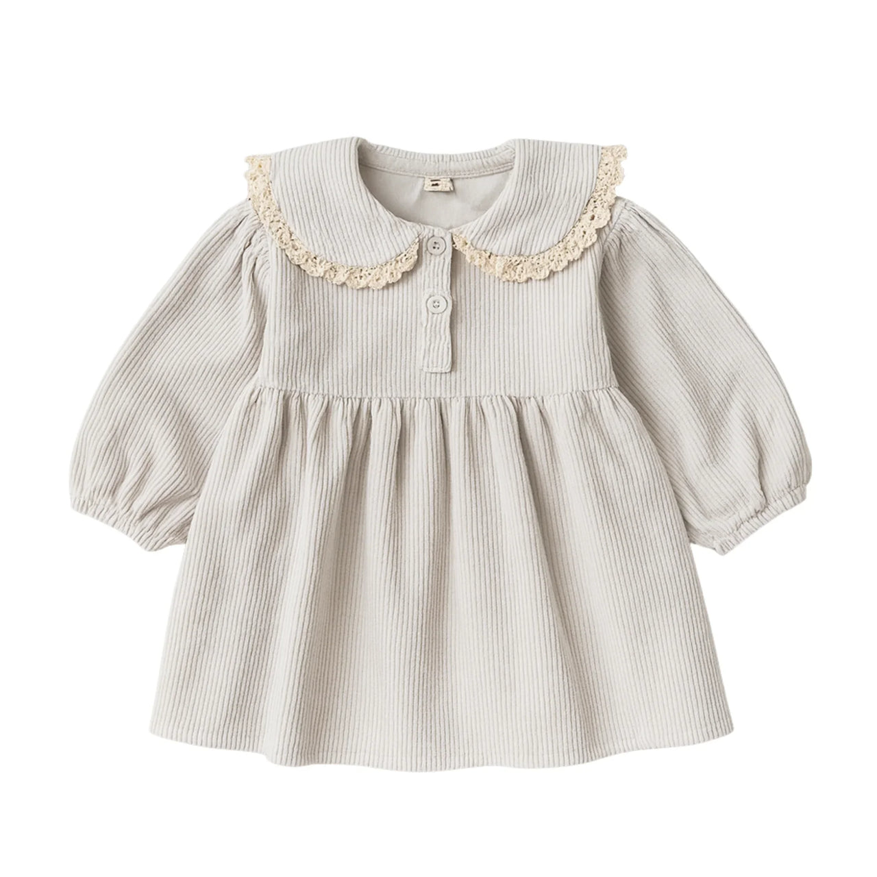 Baby light grey dress with lace on collar on a white background